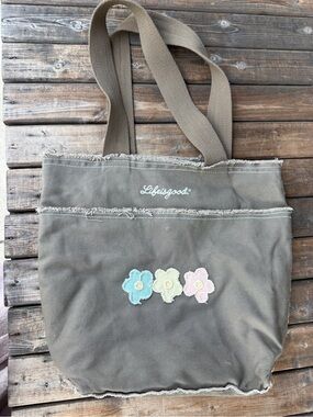 Life Is Good Olive Canvas Tote with Pastel Floral Appliqués